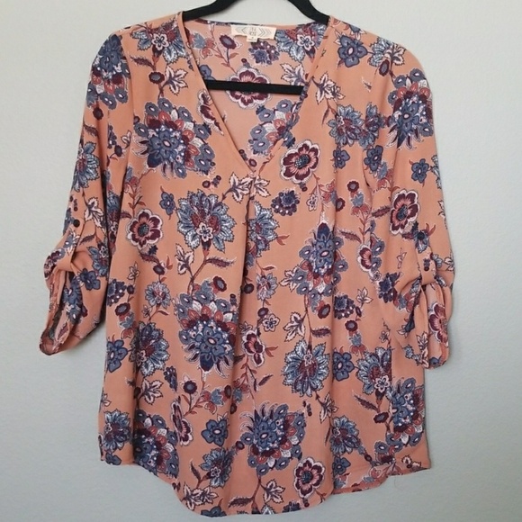 Pink Rose Popover floral roll tab sleeve top size small - Picture 1 of 6